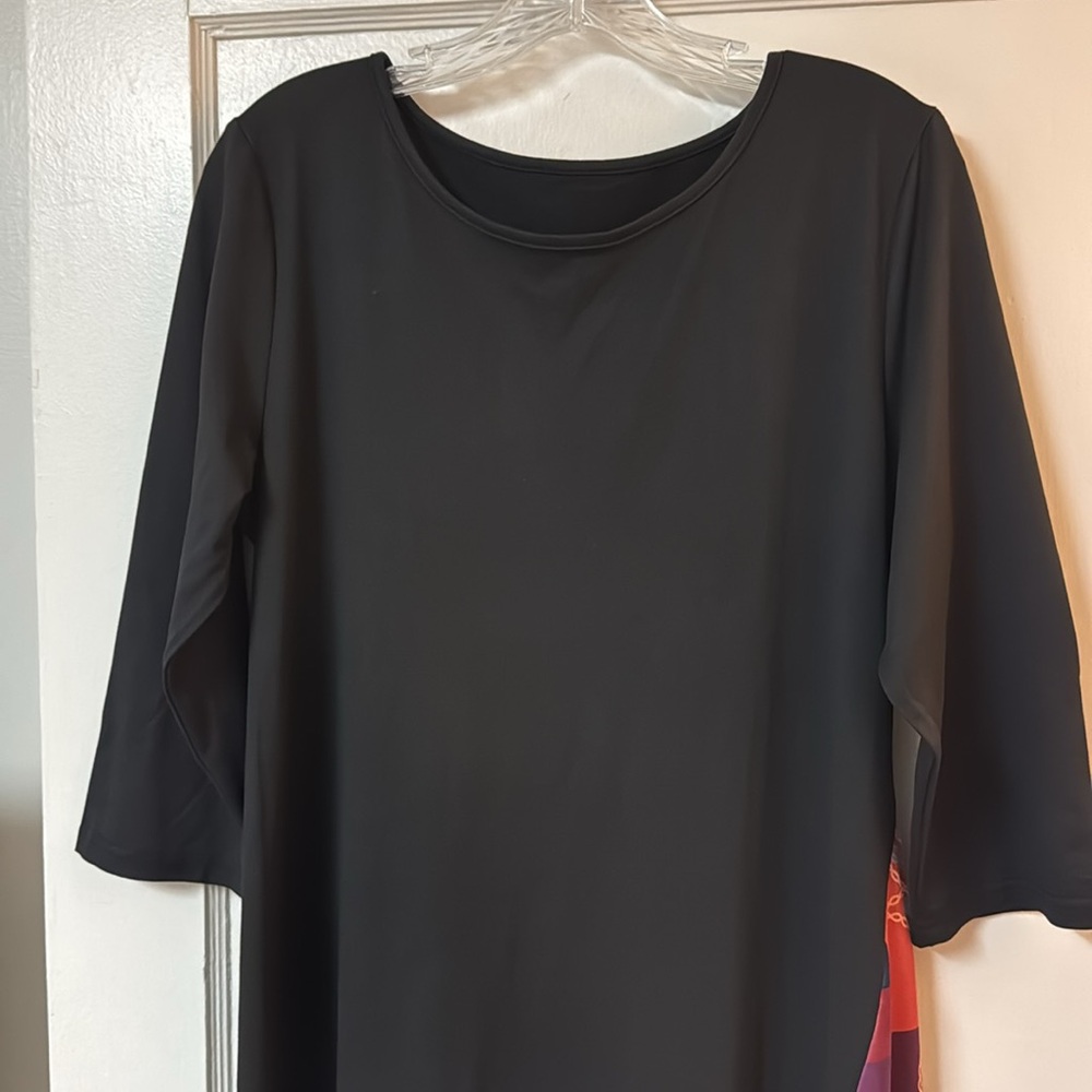 Long Black Knit dress 3/4 Sleeve with Colorful Print Insert Button Detail Size L - Picture 7 of 11